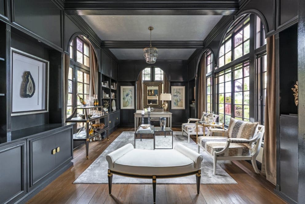 Kristin Pantone Black Interior Silver Ceiling Dark Wood Floors