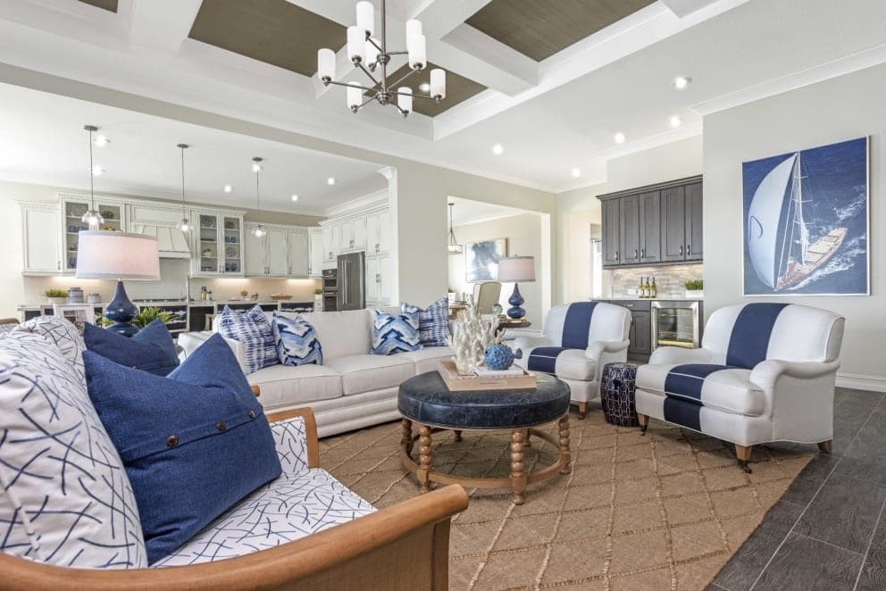Open Plan Livingroom Kitchen Blue Accents