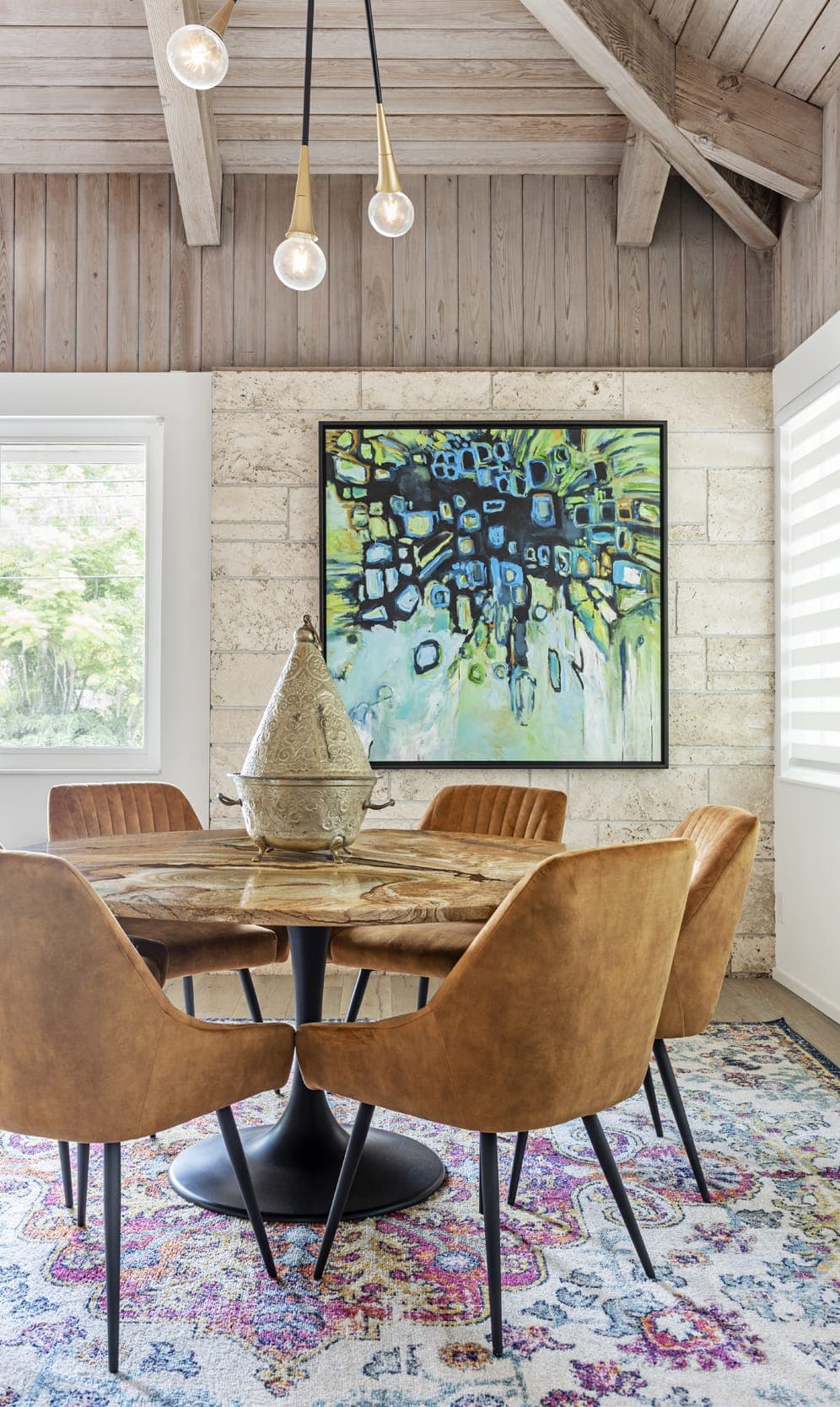 Brown Marble Table Brown Suede Dining Chairs Green Blue Abstract Painting