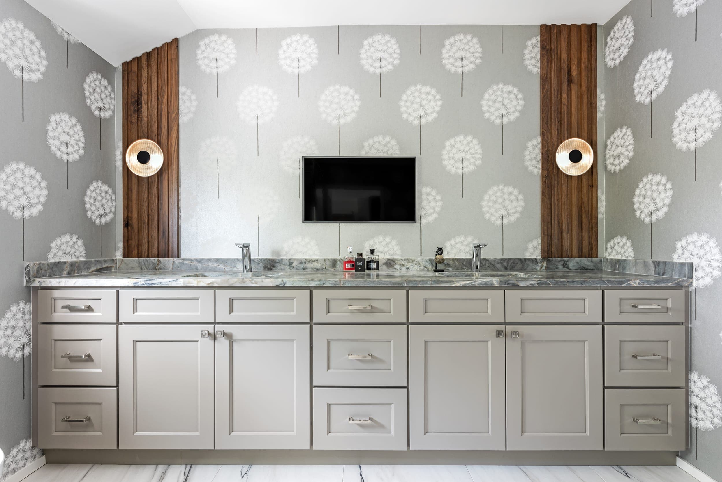 Dandelion Silver Wall Paper Grey Bathroom Cabinets Draws Blue Marble Countertop