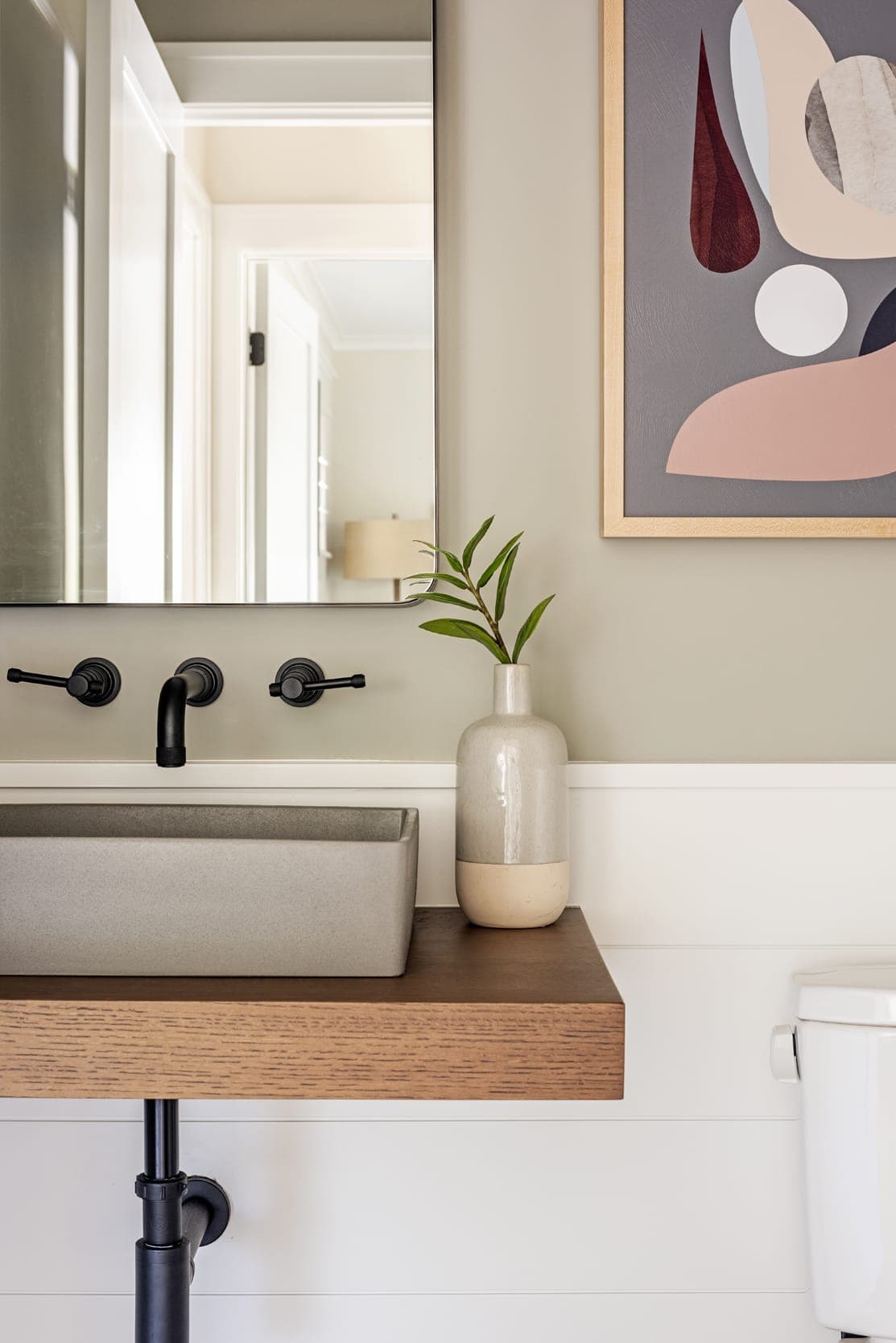 Grey Sink Brown Wood Shelf Black Faucet Minamal Abstract Art
