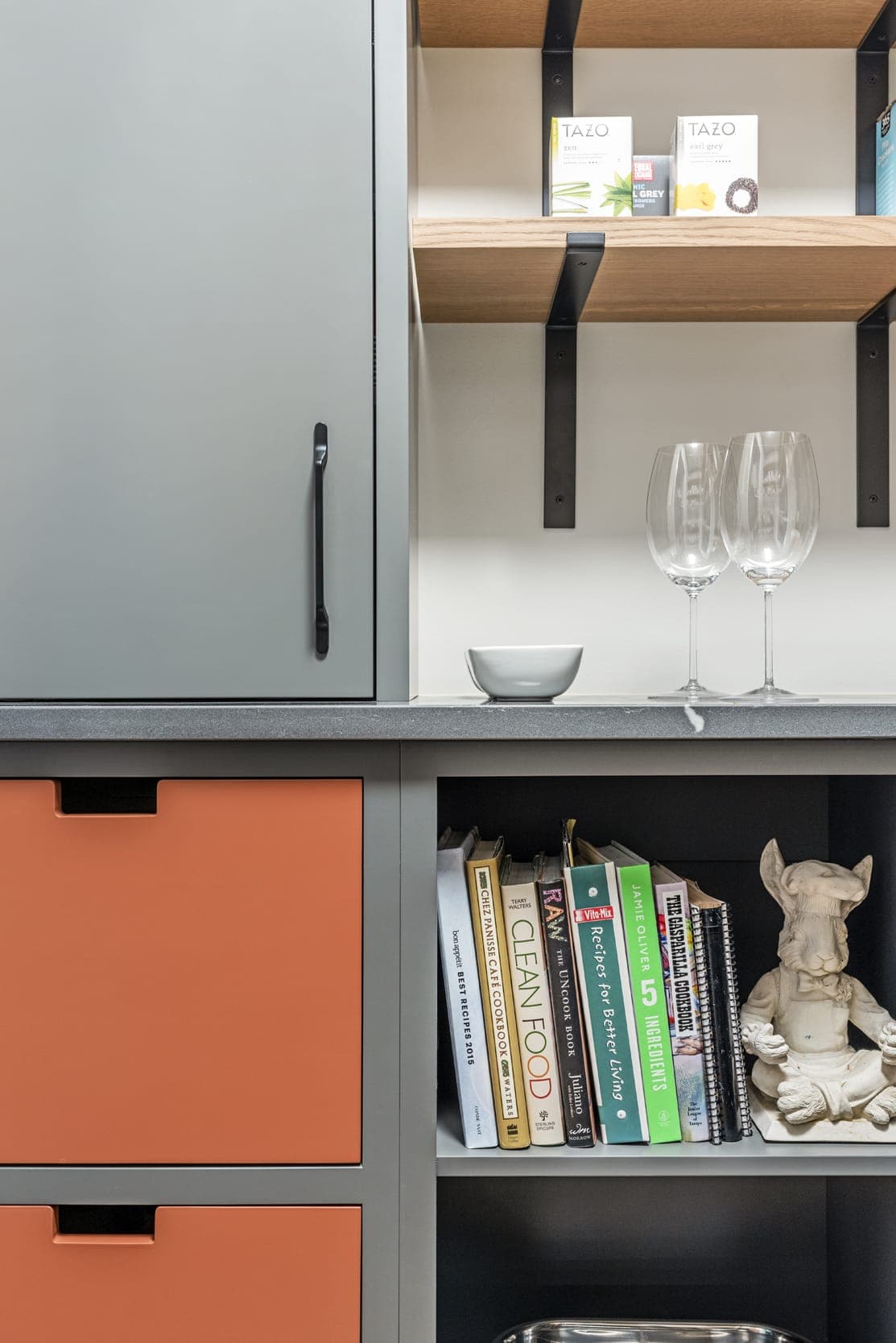 Larder Grey Cabinets Orange Draws Wine Glasses Tea Boxes Cook Books Chef Rabbit