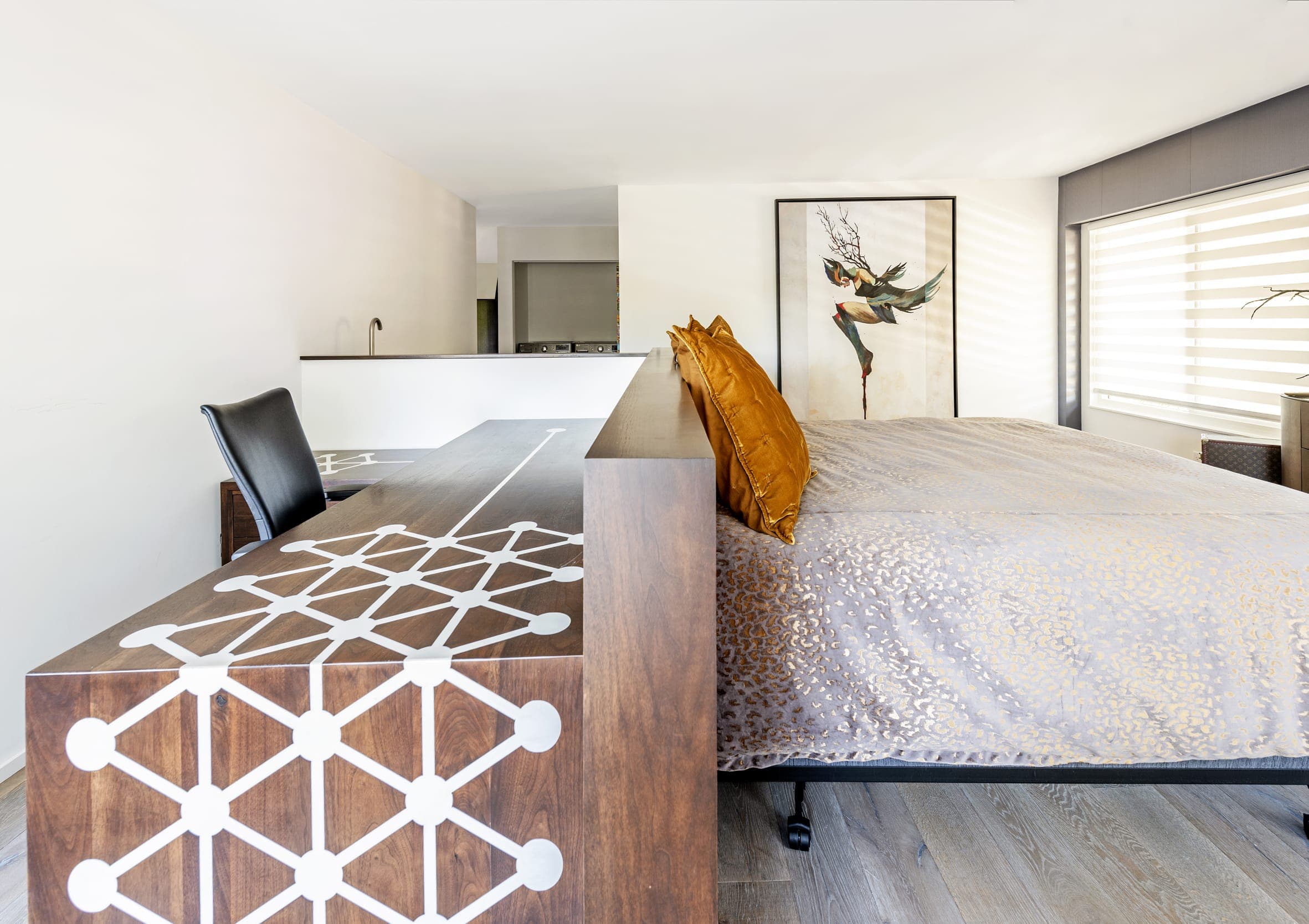 Master Bedroom Pattern Wood Desk Orange Velvet Pillows