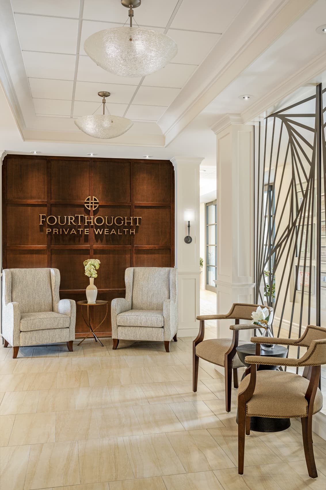 Four Thought Private Wealth Wood Wall Display Reception