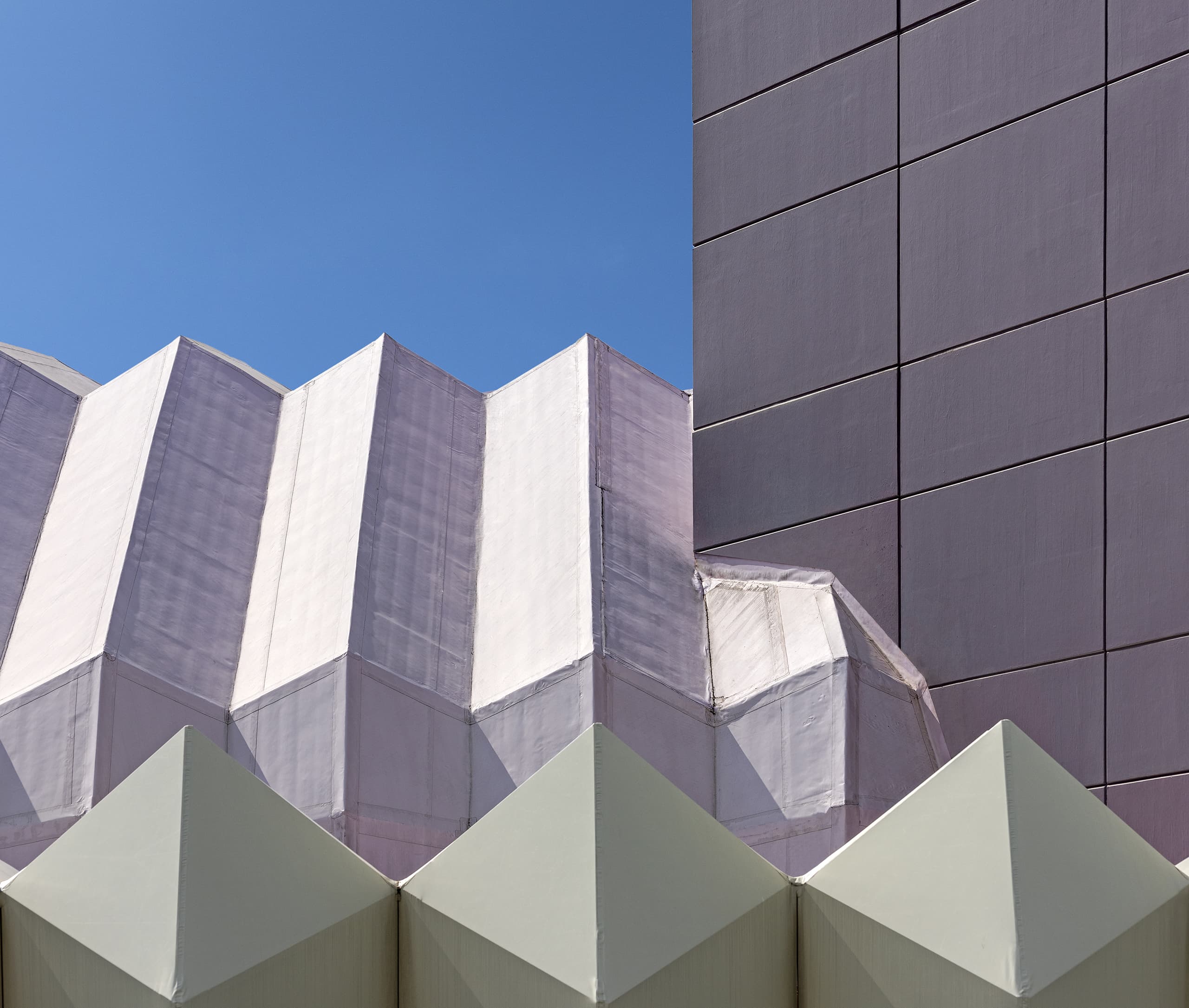 Van Wezel Sarasota Triangular Shell Shaped White Canopy Purple Panel Body Building Blue Sky