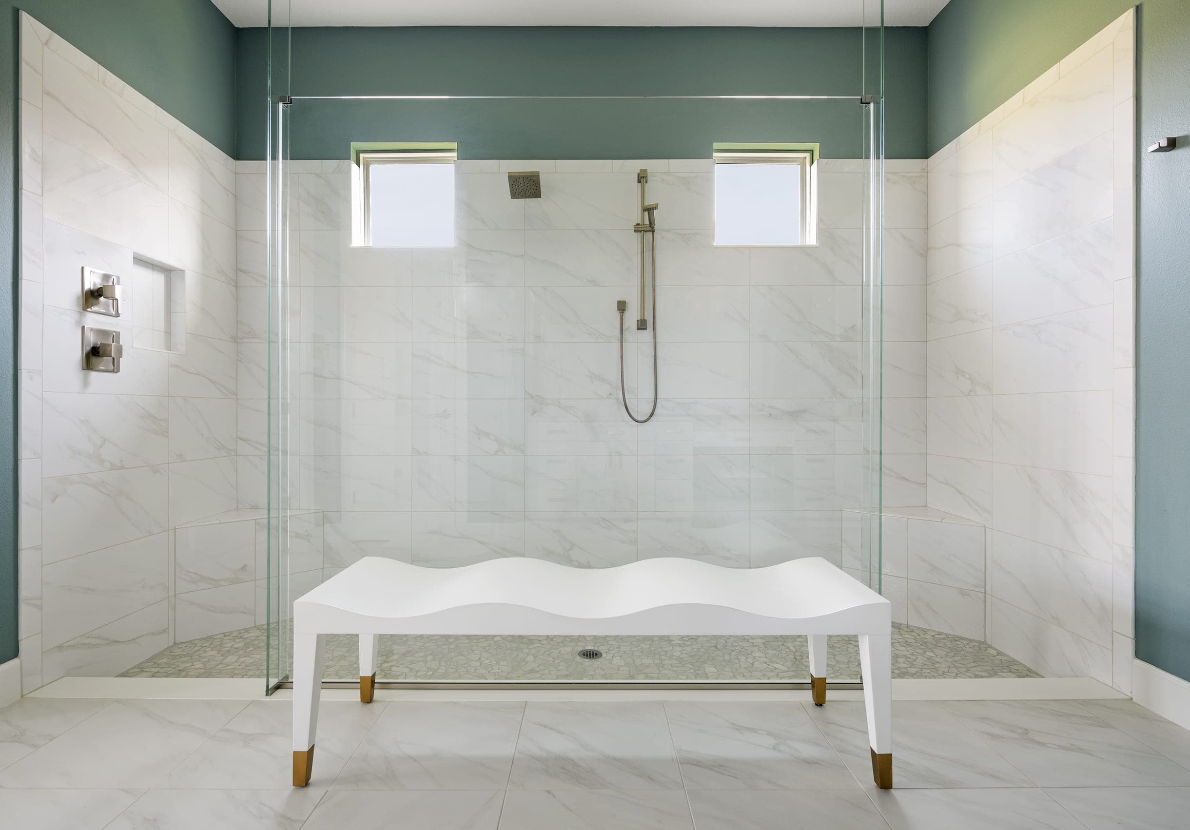 Teal White Marble Walk In Shower