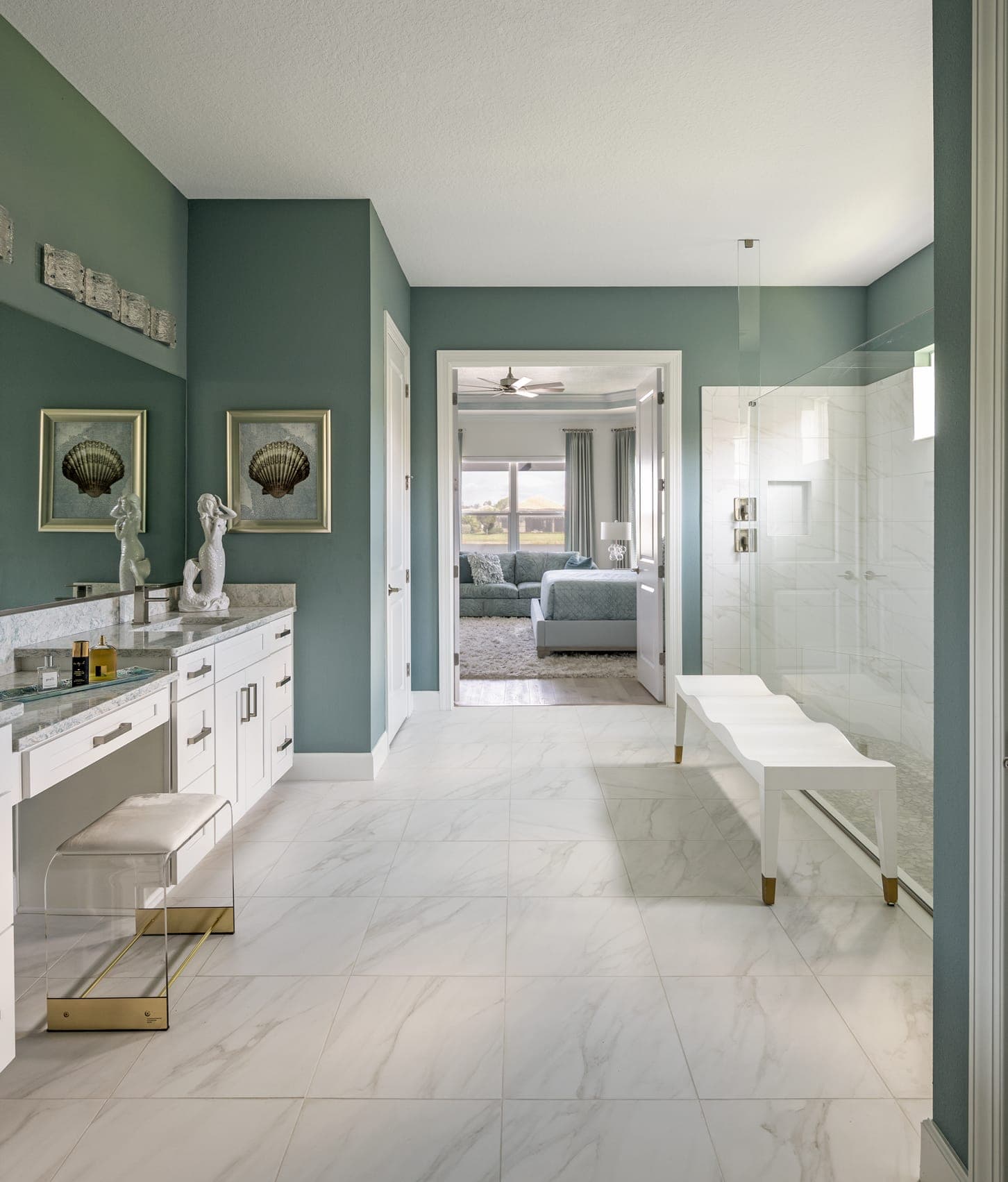 Teal White Marble White Cabinets View To Master Bedroom