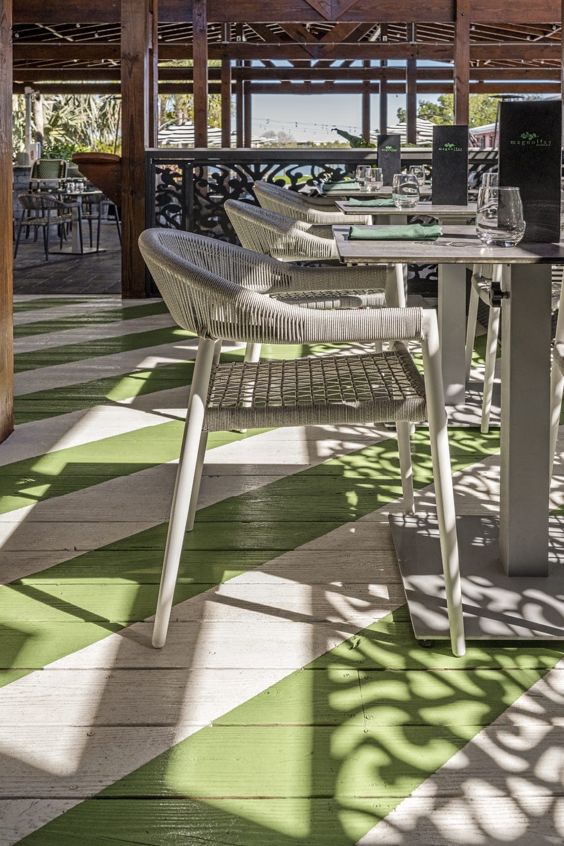 Out Door Dining Profile Of Dining Chair Green White Stripe Floor Siluette