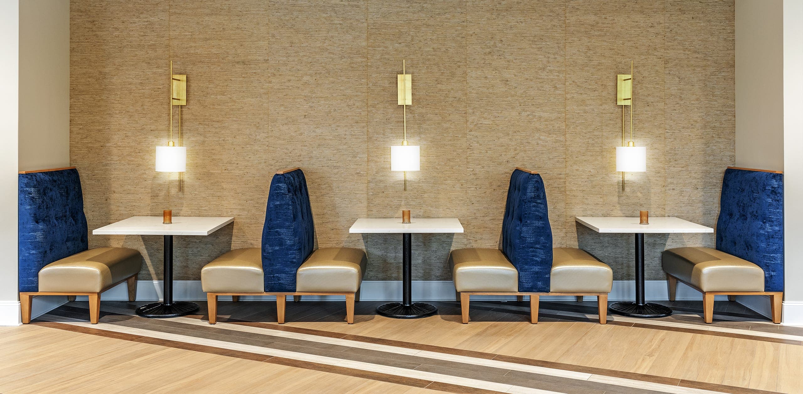 Resturant Dining Area Gold Wall Mounted Lamps Blue Satin Booth Seats Caramel Seats
