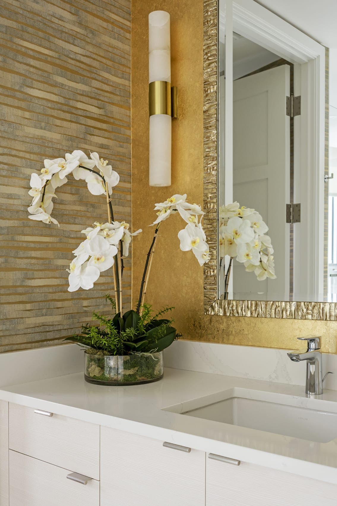 Bathroom Sink Gold Wall With Light Pendant White Orchids