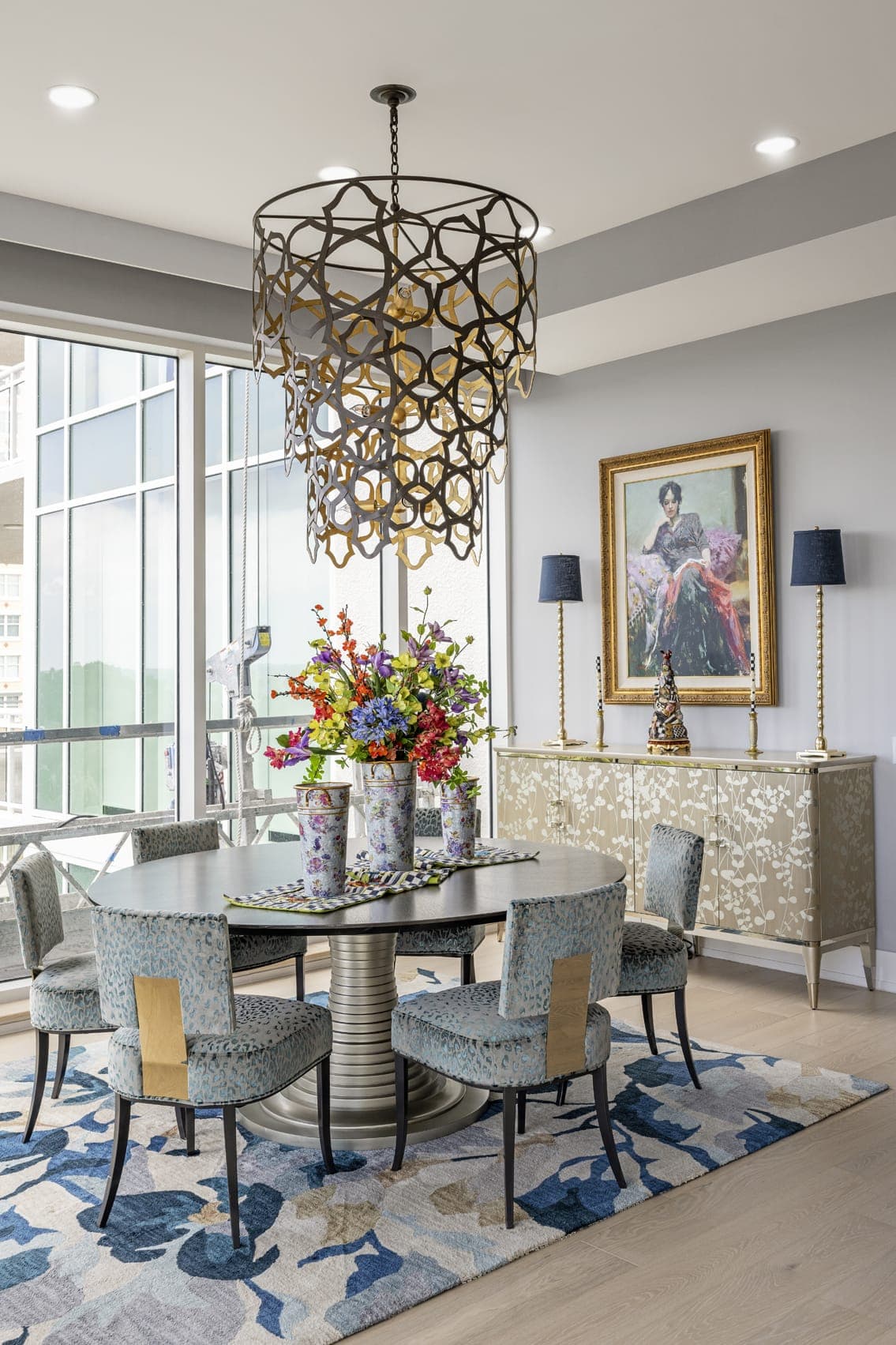 Dining Area Blue Lepeord Print Dining Chairs Grey Painted Walls With Gold Fixtures And Furniture
