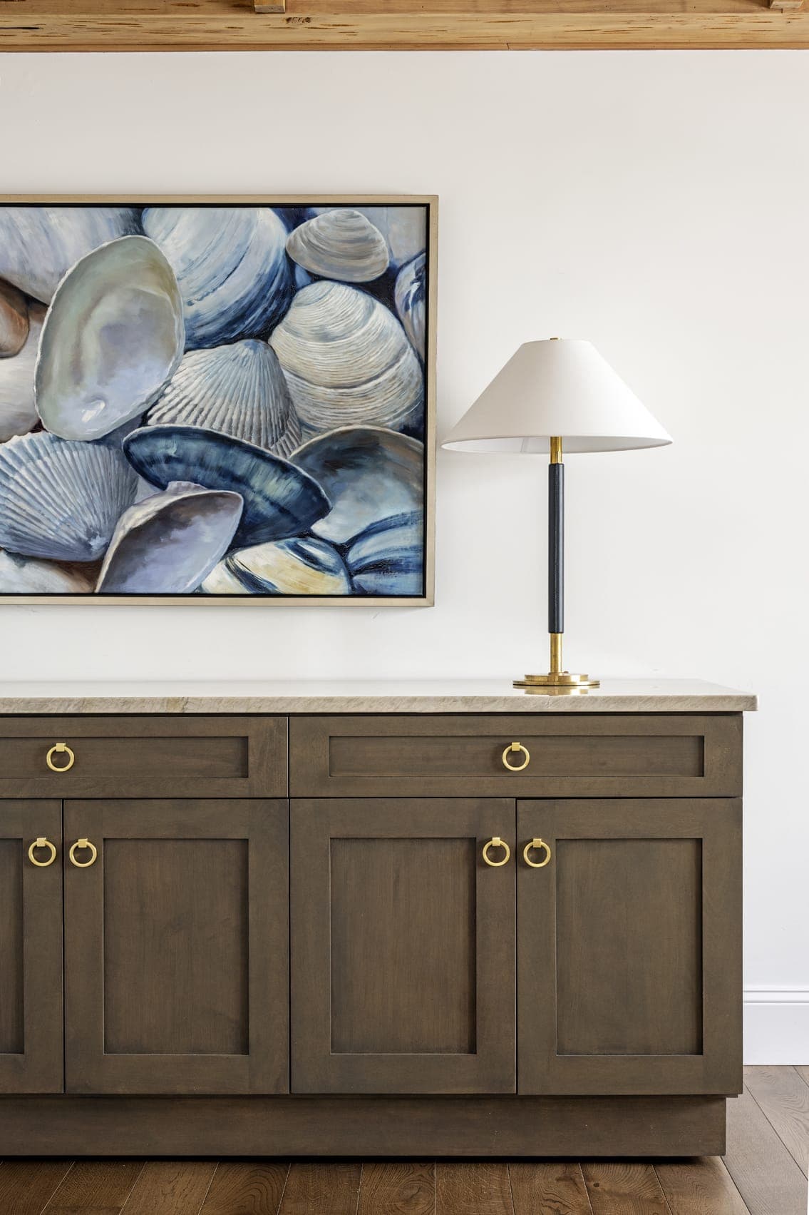Sea Shell Painting Dark Wood Cabinets With Gold Handles Lamp