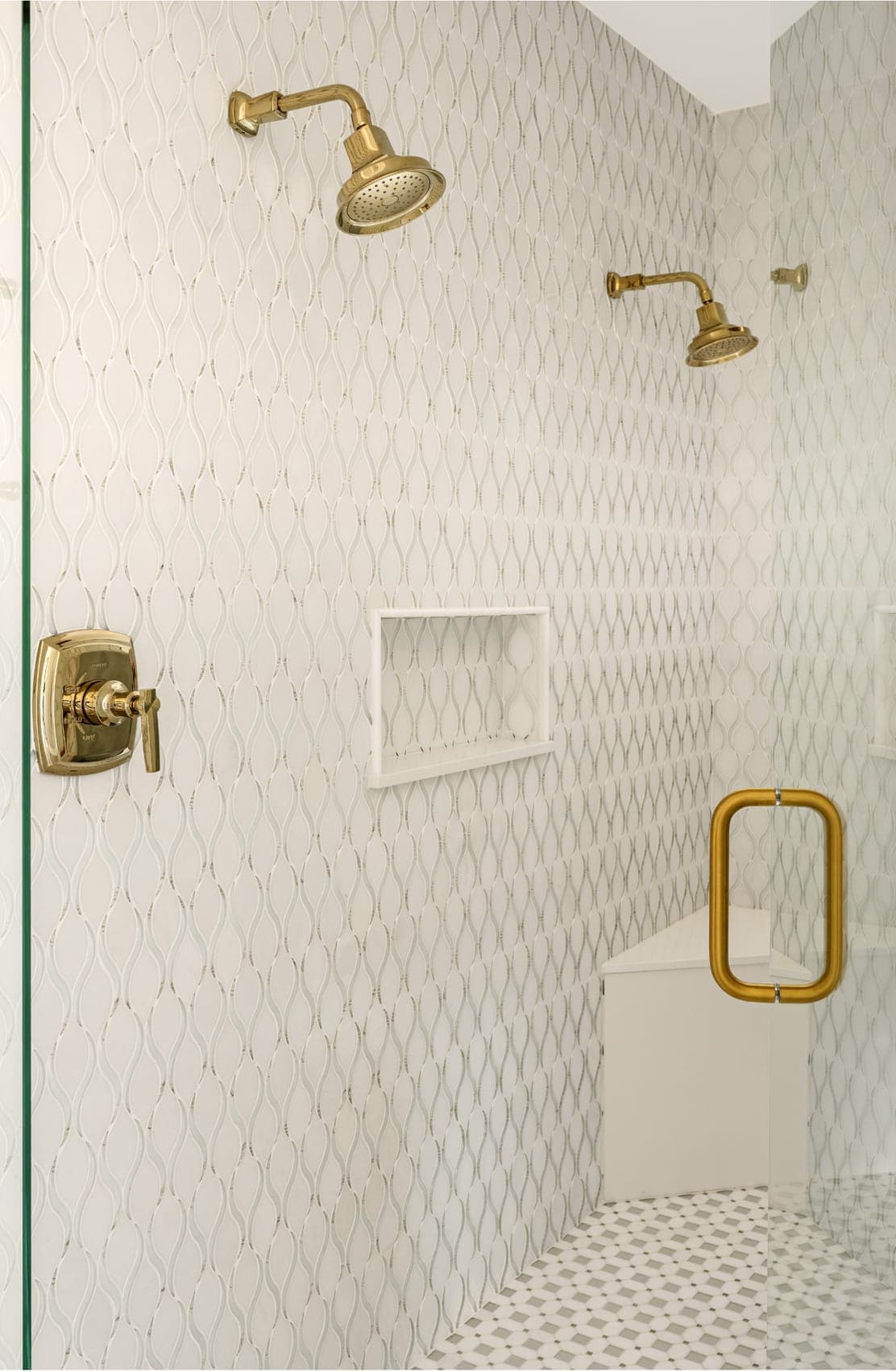 Walk In Dual Shower Transparent Tile On White Gold Fixtures