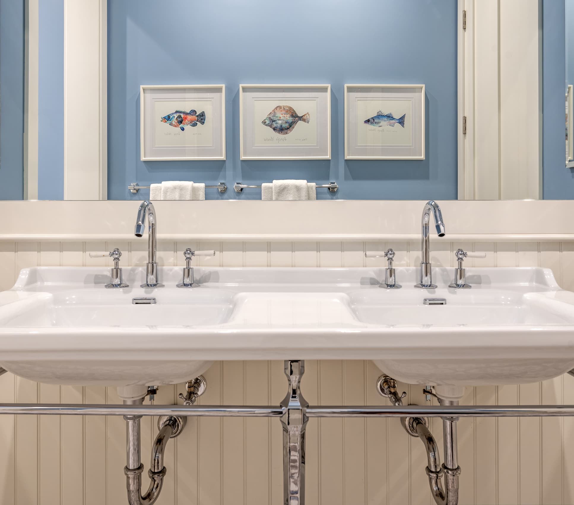 His And Her Sink Blue Bathroom Fish Framed Wall Paintings
