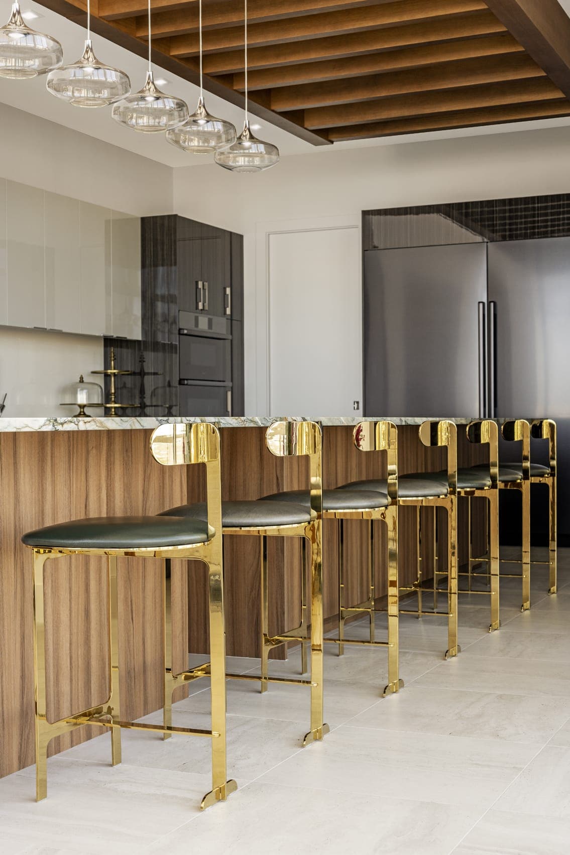 Jkl Penthouse The Blvd Contemporary White Kitchen Wood Canopy Brass And Black Leather High Chairs