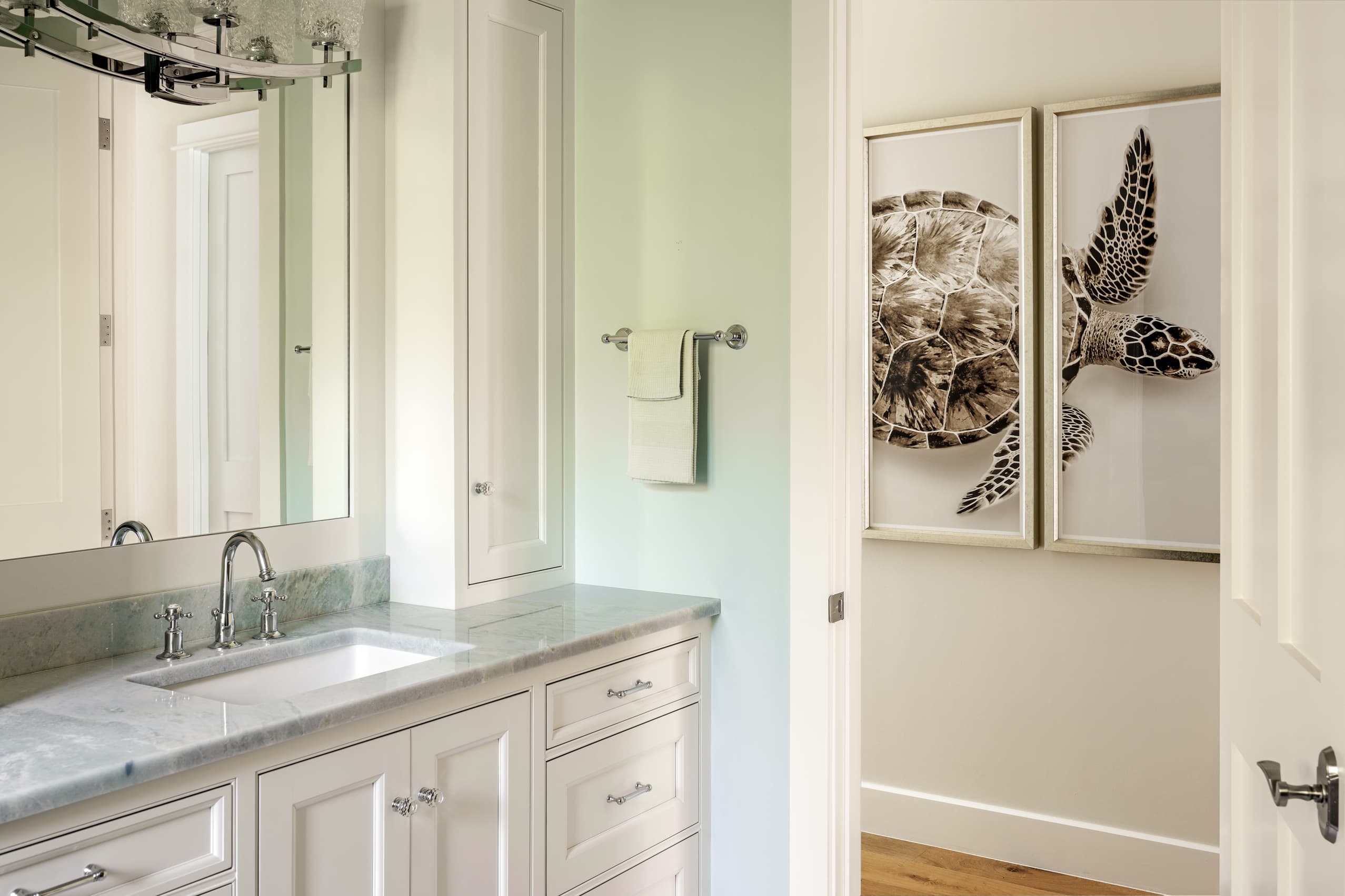 Light Blue Bathroom Sink White Cabinets And Turtle Picture Frames