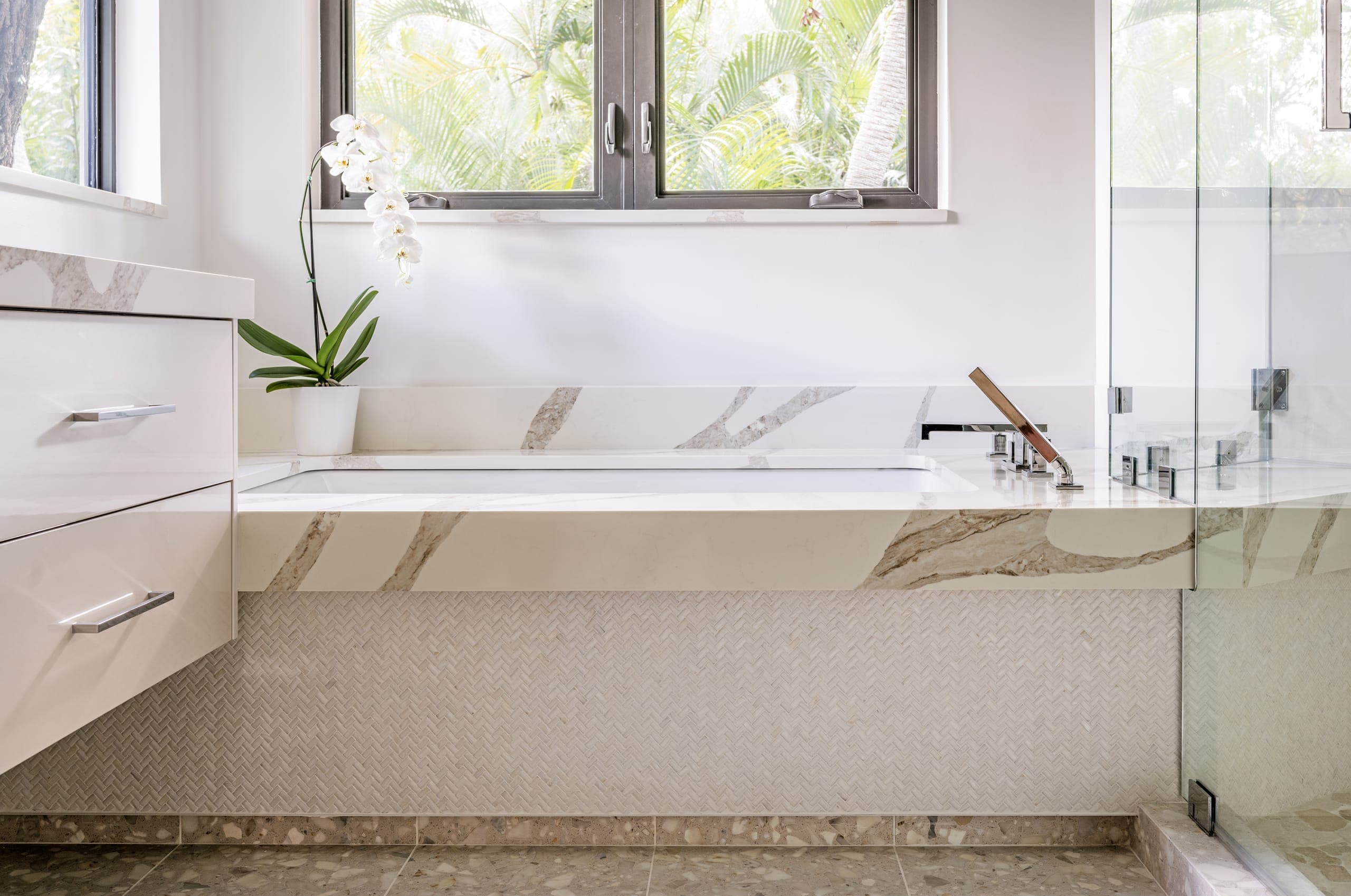 Rph Interiors Master White Bath Orchid Herringbone Tile