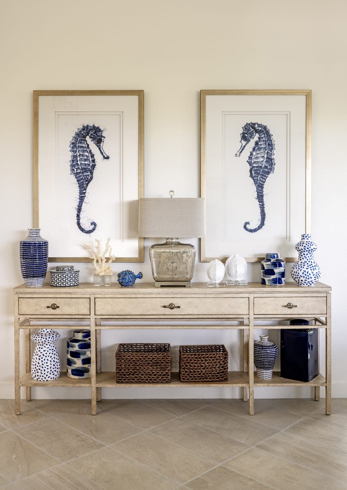 Rph Interiors White Living Room Sea Horses Frame Painting Various Vases And Ornaments