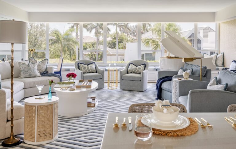 Great Room With White Grand Piano Light Blue Arm Chairs Large White And Blue Diamond Linear Patern Rug