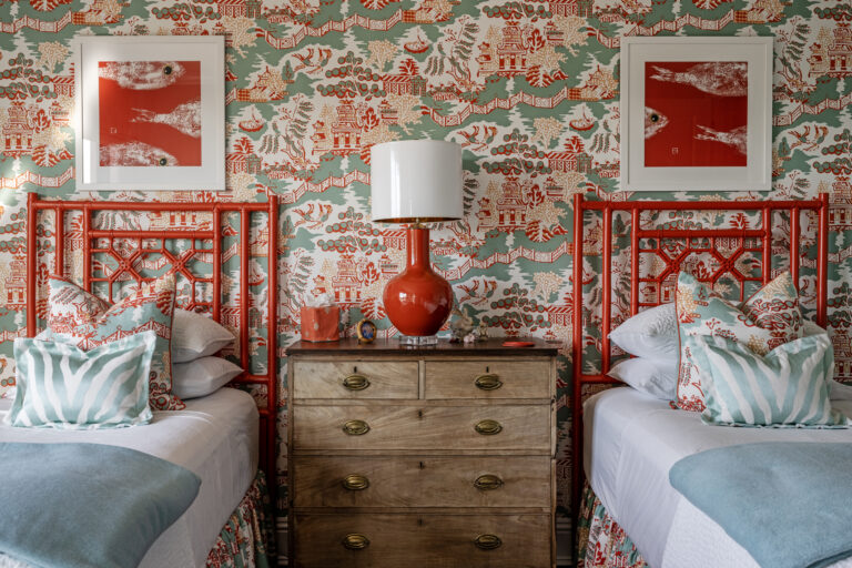 Twin Bedroom With Twin Red Headboard Vintage Wood Dresser Oriental Pattern Style Wallpaper