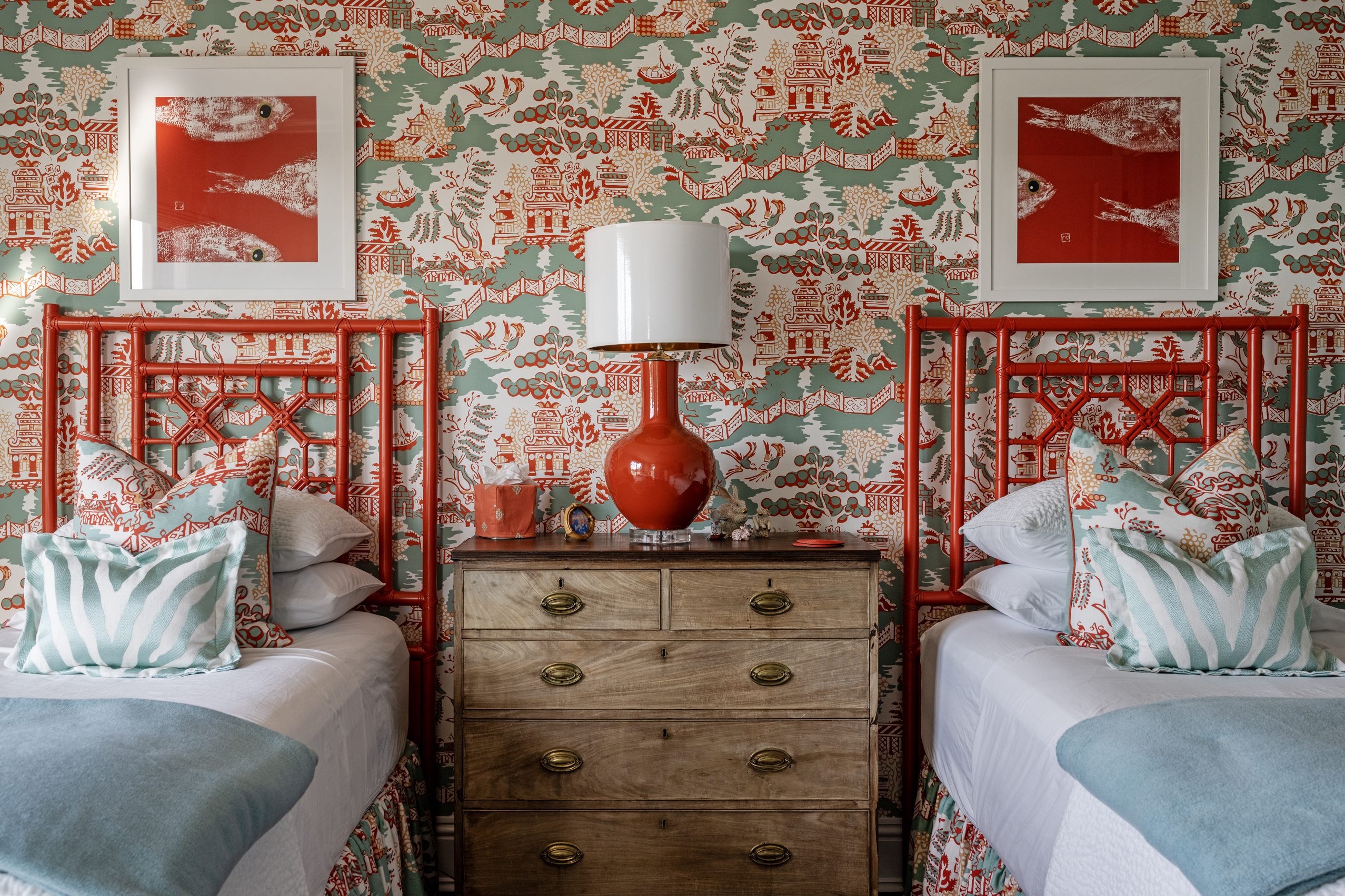 Twin Bedroom With Twin Red Headboard Vintage Wood Dresser Oriental Pattern Style Wallpaper