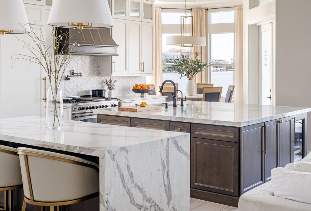 Kitchen Island White Granite Dark Wood Cabinet Base Herringbone Back Splash