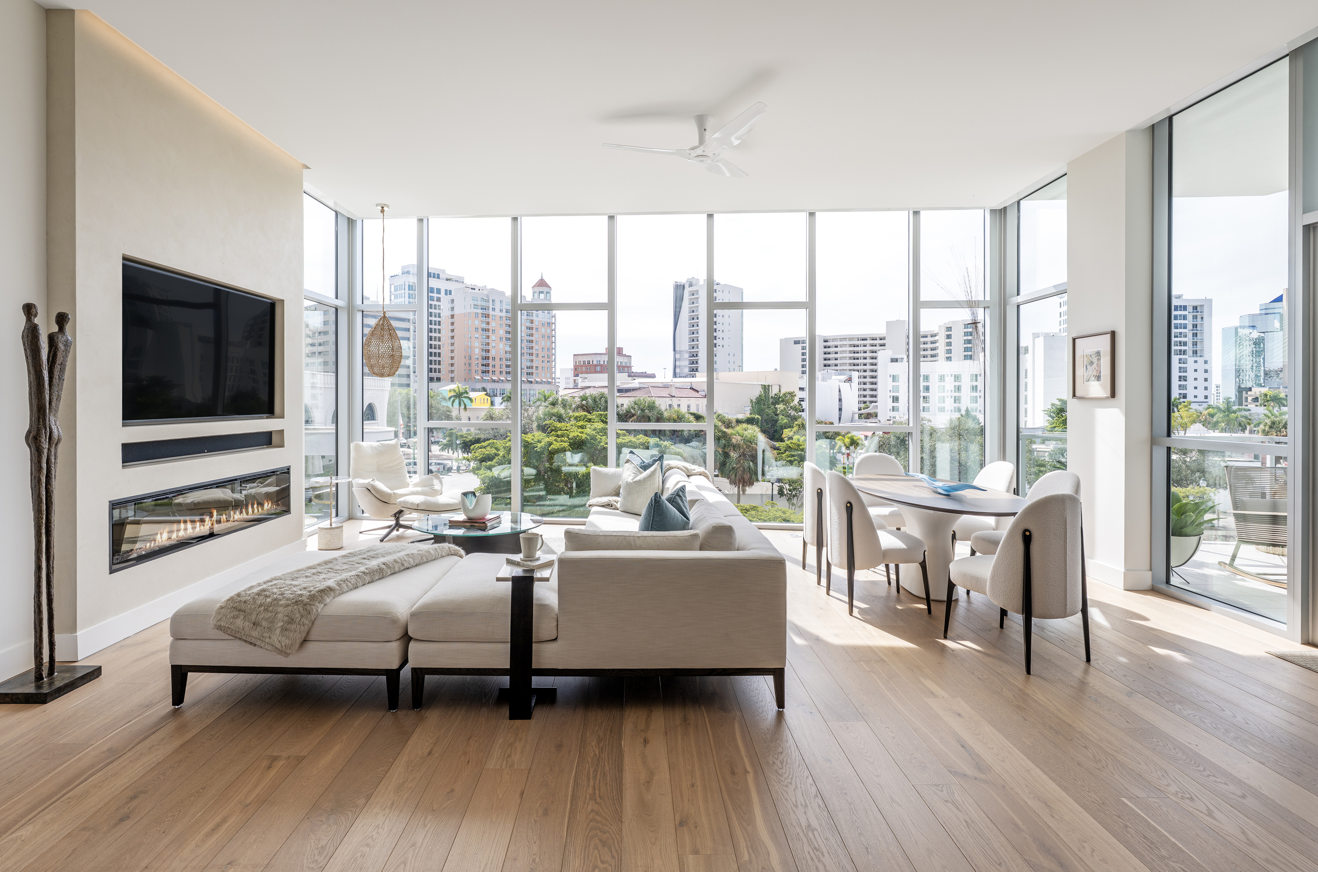 Contemporary Living Room Dinning Combo Space Wood Floor Floor To Ceiling City View